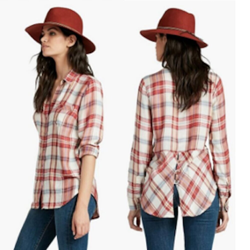 LUCKY BRAND Bungalow Plaid Top Button Back Super Soft Long Sleeve Blouse Rayon S
